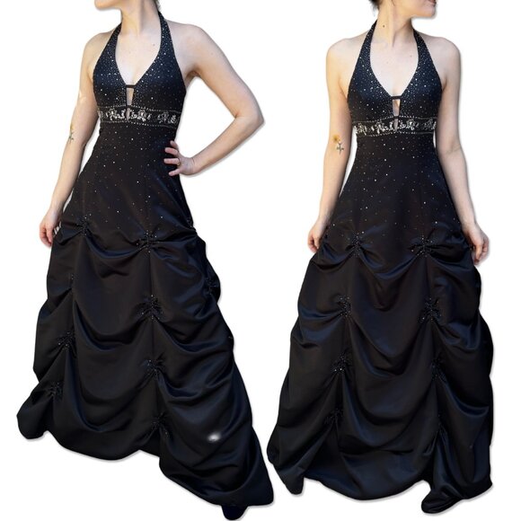 Vintage Jump Apparel Gown Halter Beaded Bodice Black Satin Ball Gown Size 5/6 - Picture 2 of 8